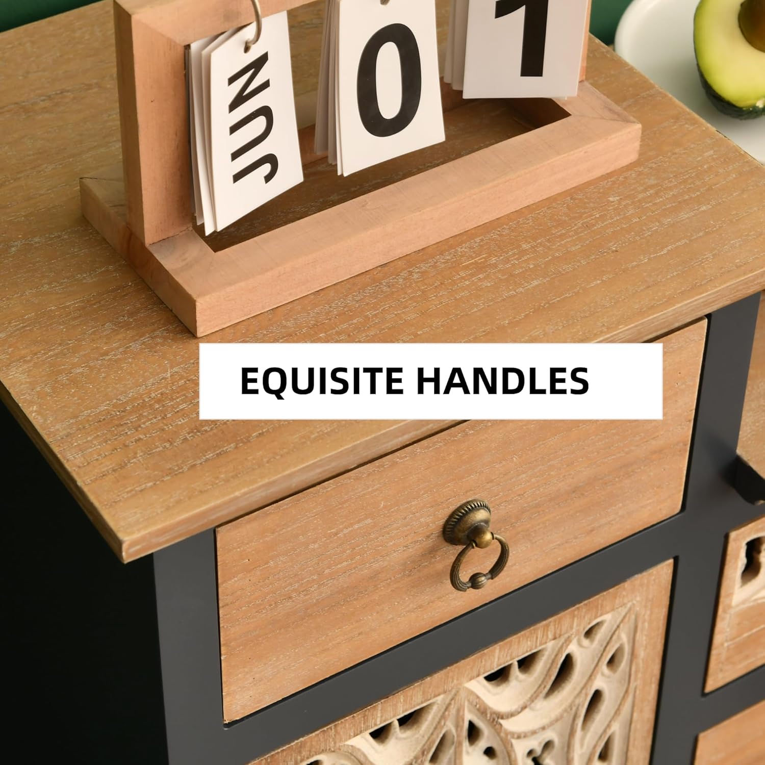 Farmhouse Accent Chest with Carved Door and 5-Drawers, Vintage Storage Cabinet Modern Dresser for Living Room, Entryway, Hallway, Multi-Drawer Organizer, Natural and Deep Blue. ( Damage see the pictures)